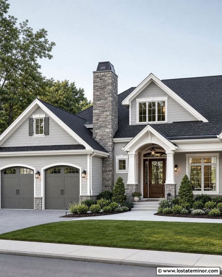 Dove Grey House With Chimney On Garage Wing - 30 Dove Grey House Design With Chimney Ideas