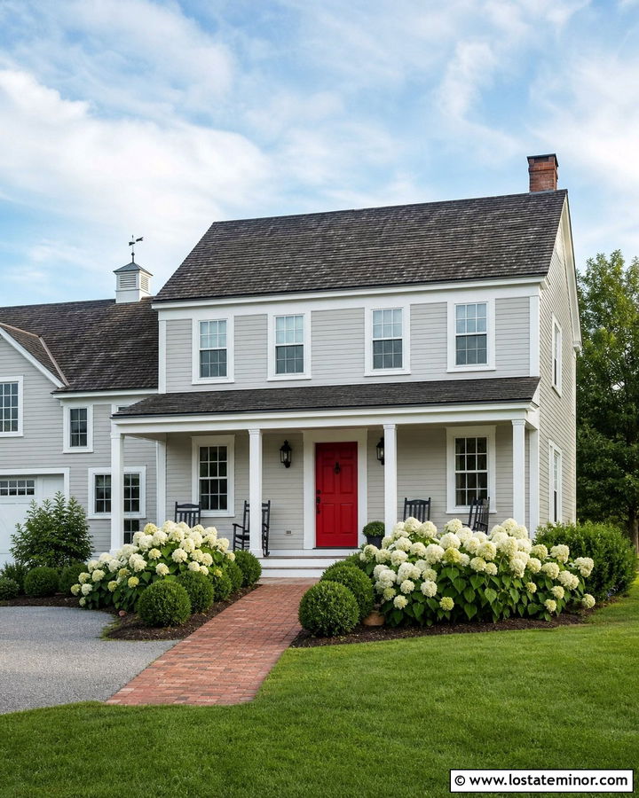Dove Grey House With Classic Red Front Door - 30 Dove Grey House Design With Front Door Ideas