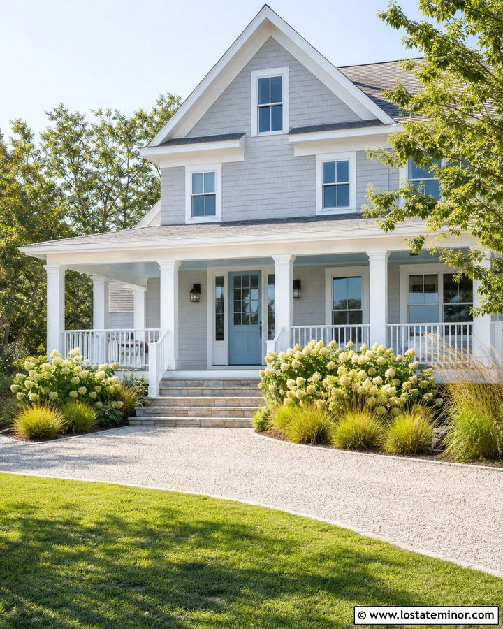 Dove Grey House With Coastal Porch Columns - 30 Dove Grey House Design With Porch Columns Ideas