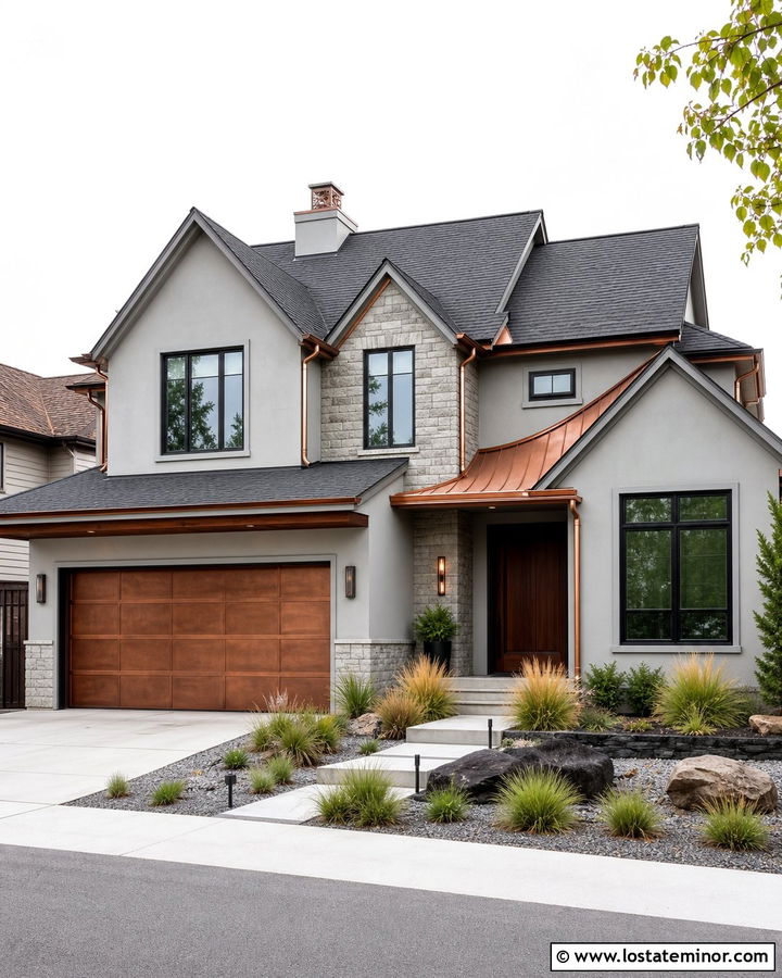 Dove Grey House With Copper Garage Door - 30 Dove Grey House Design With Garage Door Ideas
