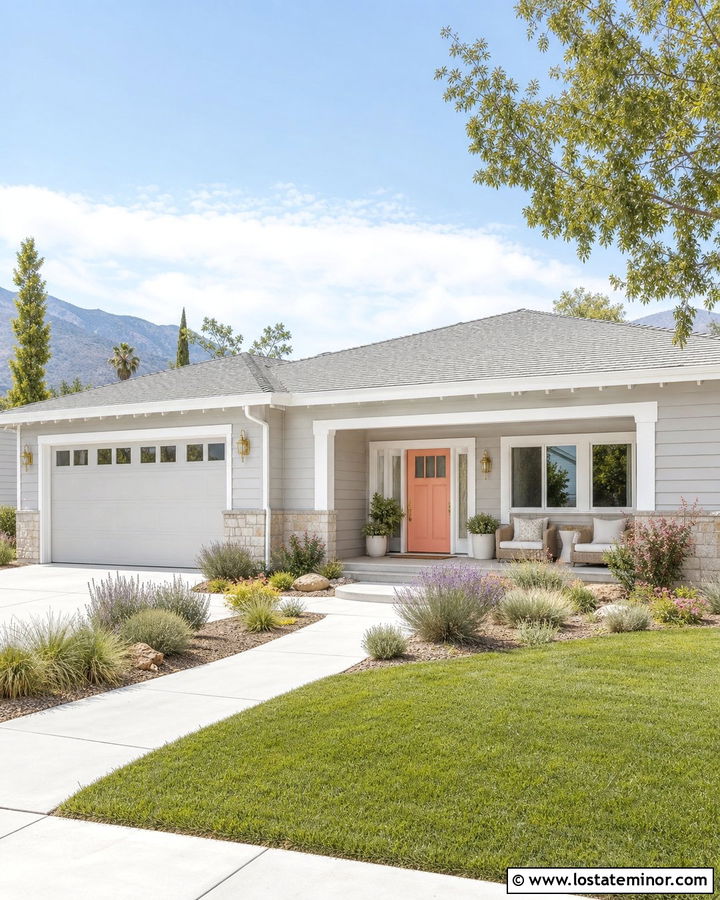 Dove Grey House With Coral Front Door - 30 Dove Grey House Design With Front Door Ideas