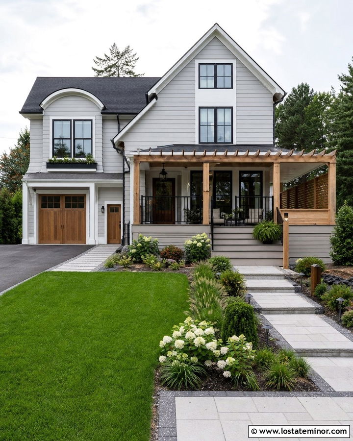 Dove Grey House With Covered Deck Pergola - 30 Dove Grey House Design With Pergola Ideas
