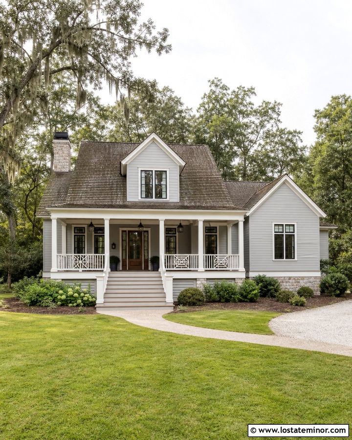 Dove Grey House With Covered Porch And Weathered Roof - 30 Dove Grey House Design With Roof Ideas