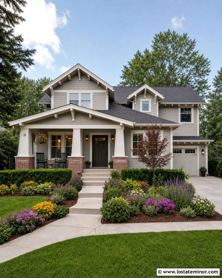 Dove Grey House With Craftsman Brick Column Bases - 30 Dove Grey House Design With Porch Columns Ideas
