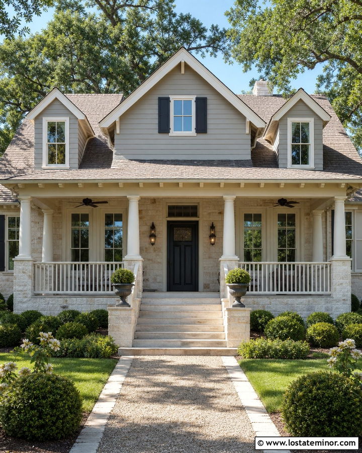 Dove Grey House With Cream Limestone - 30 Dove Grey House Design With Stone Accents Ideas