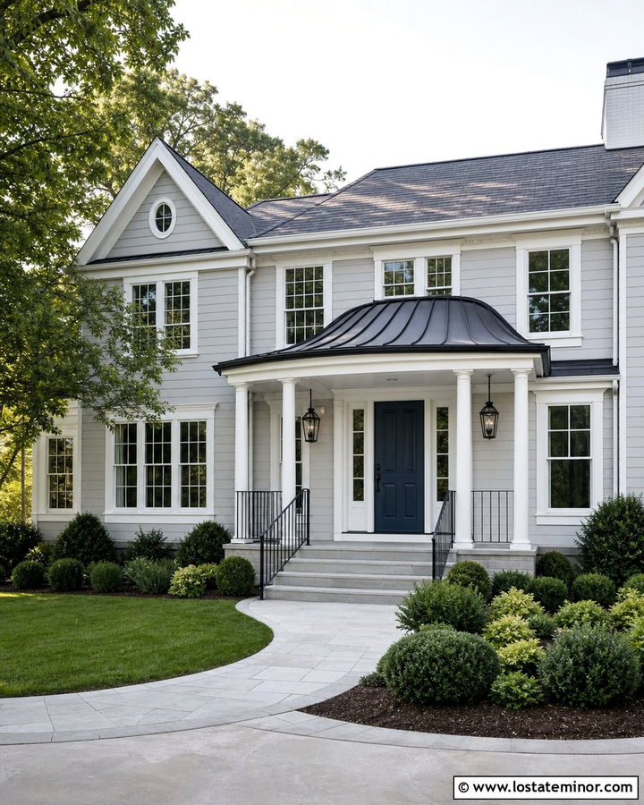 Dove Grey House With Curved Portico - 30 Dove Grey House Design With Portico Ideas