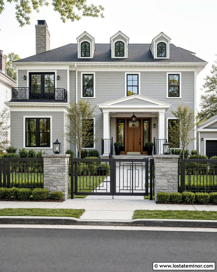 Dove Grey House With Decorative Steel Fence - 30 Dove Grey House Design With Fence Ideas