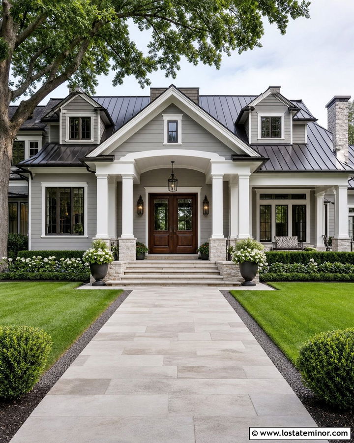 Dove Grey House With Double Door Portico - 30 Dove Grey House Design With Portico Ideas