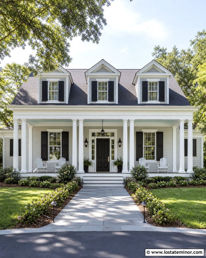 Dove Grey House With Double Porch Columns - 30 Dove Grey House Design With Porch Columns Ideas