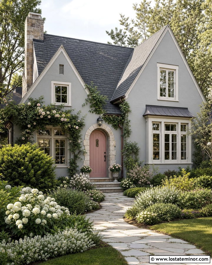 Dove Grey House With Dusty Rose Front Door - 30 Dove Grey House Design With Front Door Ideas