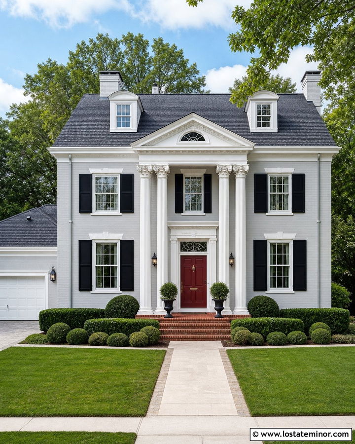 Dove Grey House With Fluted Porch Columns - 30 Dove Grey House Design With Porch Columns Ideas