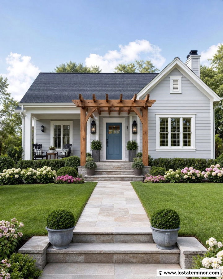 Dove Grey House With Front Entry Pergola - 30 Dove Grey House Design With Pergola Ideas