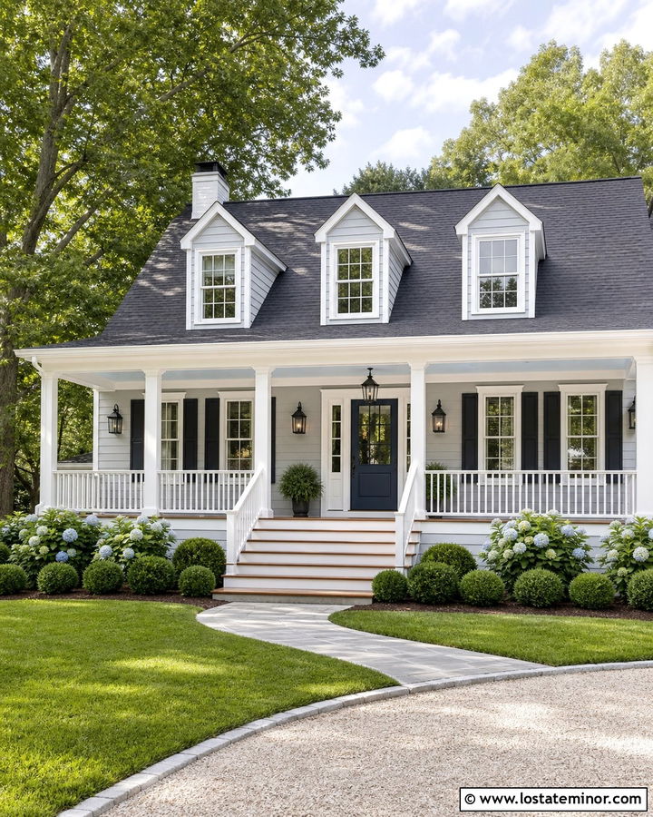 Dove Grey House With Full Front Porch - 30 Dove Grey House Design With Dormers Ideas