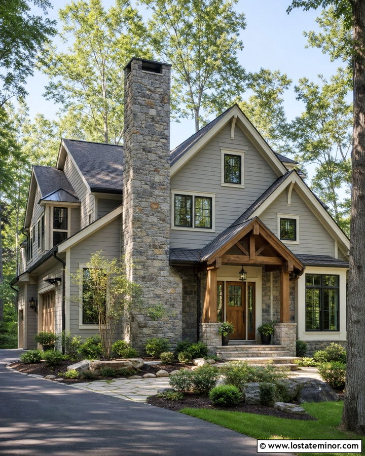 Dove Grey House With Full Stone Chimney - 30 Dove Grey House Design With Stone Accents Ideas