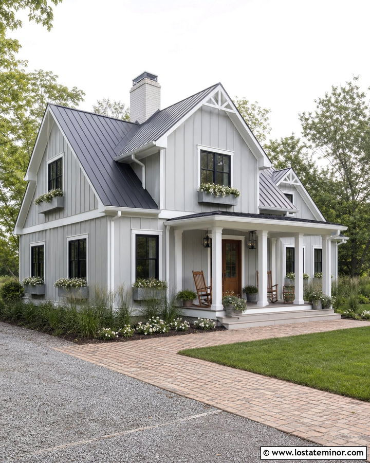 Dove Grey House With Galvanized Metal Window Boxes - 30 Dove Grey House Design With Window Boxes Ideas