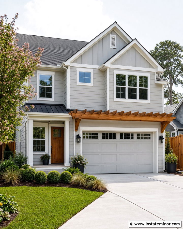 Dove Grey House With Garage Pergola - 30 Dove Grey House Design With Pergola Ideas