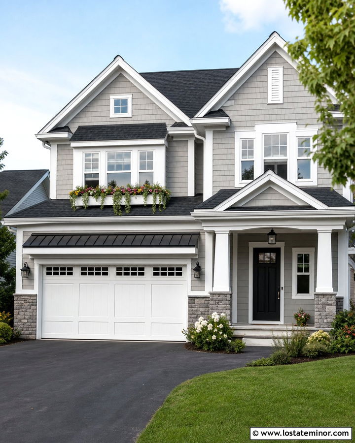 Dove Grey House With Garage Window Boxes - 30 Dove Grey House Design With Window Boxes Ideas
