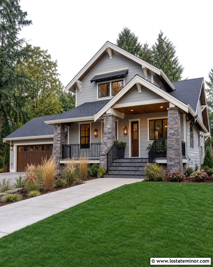 Dove Grey House With Gray Stone Porch - 30 Dove Grey House Design With Front Porch Ideas