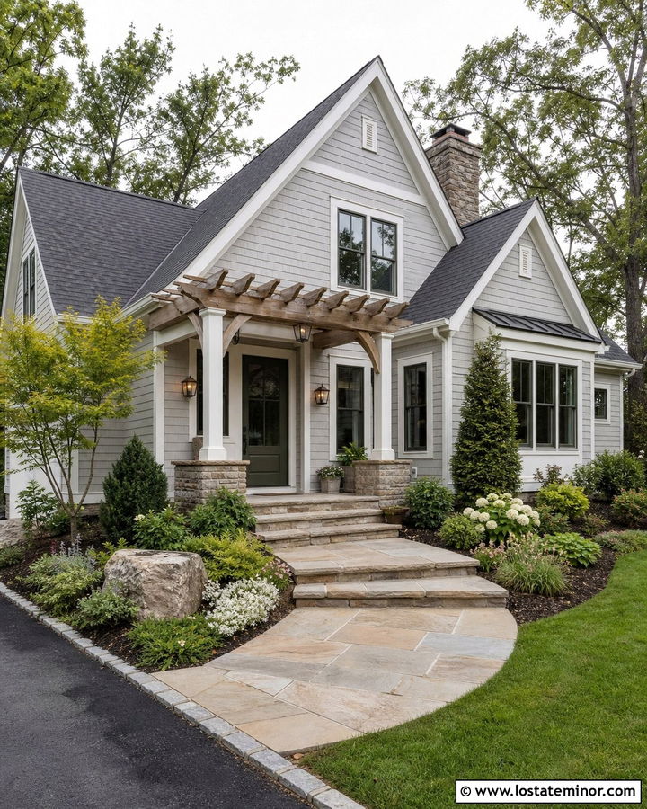 Dove Grey House With Green Door And Cedar Pergola - 30 Dove Grey House Design With Pergola Ideas