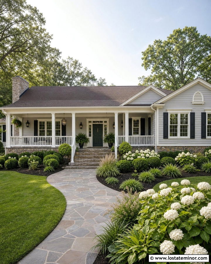 Dove Grey House With Green Door Porch - 30 Dove Grey House Design With Front Porch Ideas