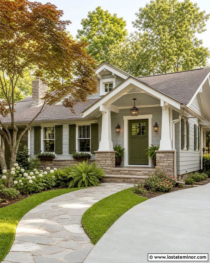 Dove Grey House With Green Front Door And Stone - 30 Dove Grey House Design With Stone Accents Ideas