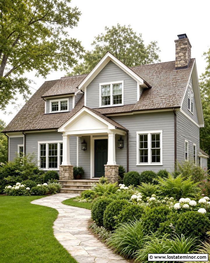 Dove Grey House With Green Front Door Portico - 30 Dove Grey House Design With Portico Ideas
