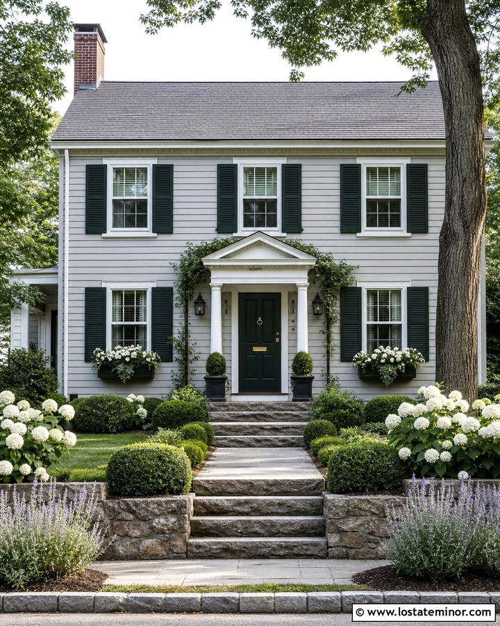 Dove Grey House With Green Shutters And Window Boxes - 30 Dove Grey House Design With Window Boxes Ideas