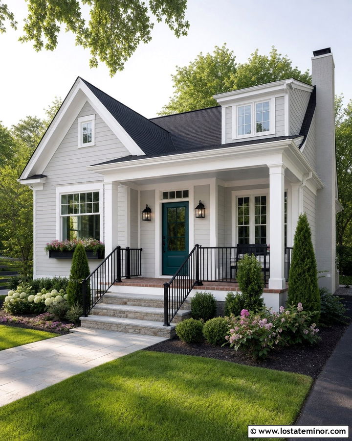 Dove Grey House With Grey Ceiling And Colorful Front Door - 30 Dove Grey House Design With Porch Ceiling Ideas