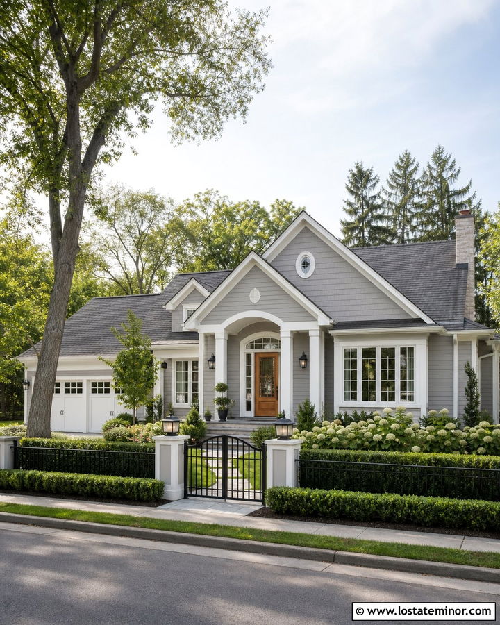 Dove Grey House With Hedge And Fence Combination - 30 Dove Grey House Design With Fence Ideas