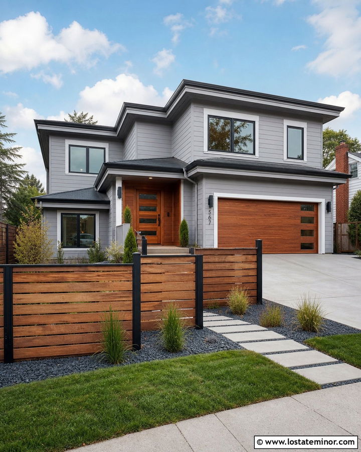 Dove Grey House With Horizontal Wood And Metal Fence - 30 Dove Grey House Design With Fence Ideas
