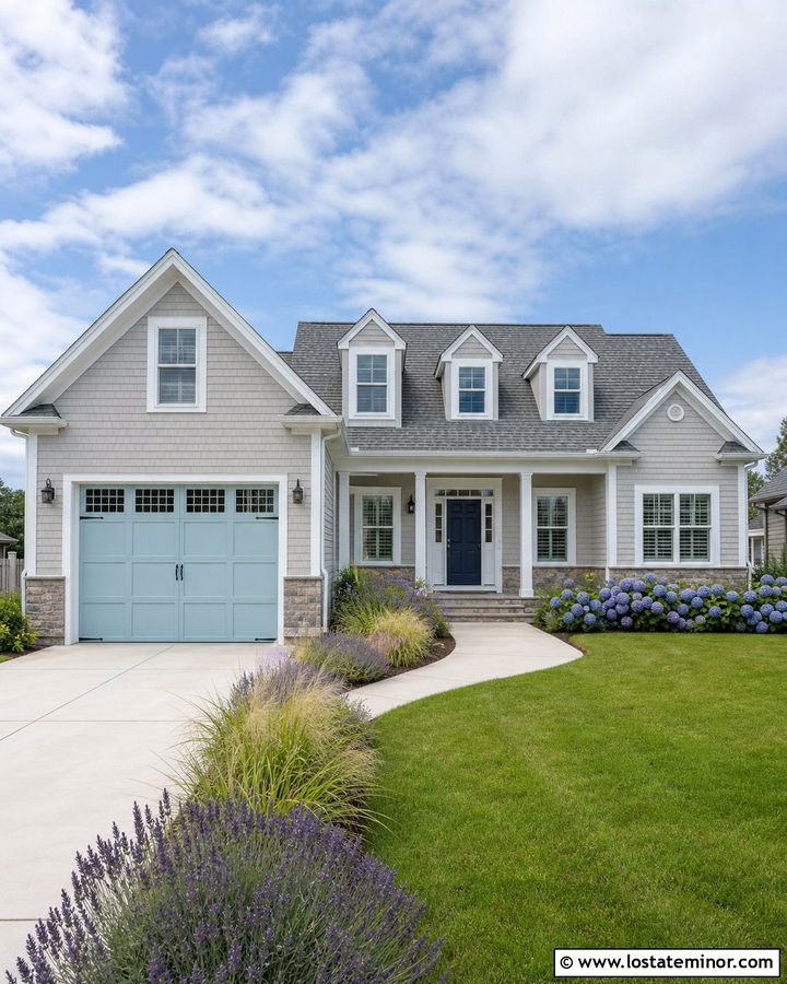 Dove Grey House With Light Blue Garage Door - 30 Dove Grey House Design With Garage Door Ideas