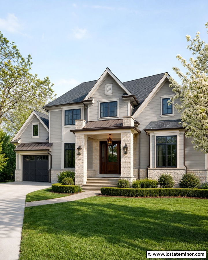 Dove Grey House With Limestone Portico - 30 Dove Grey House Design With Portico Ideas