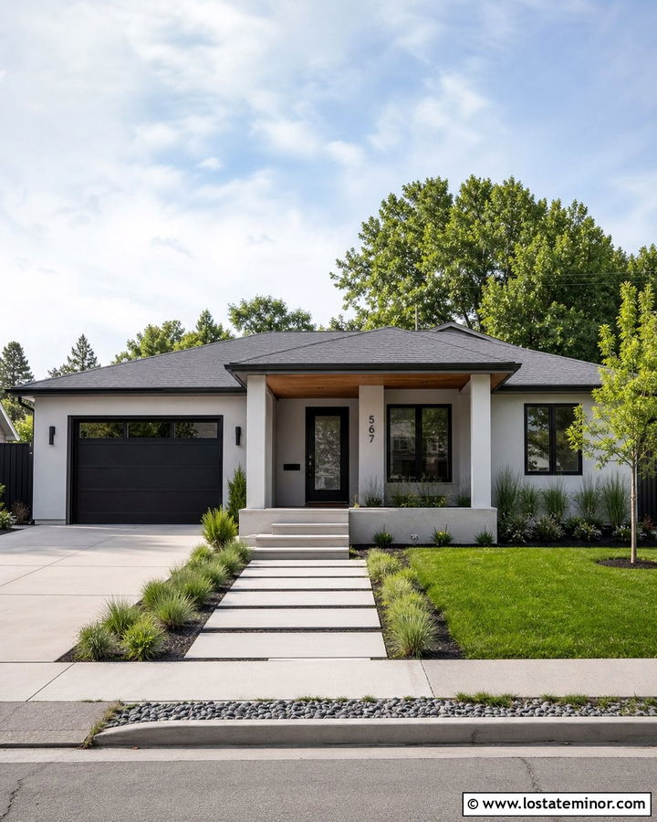 Dove Grey House With Minimal Square Porch Columns - 30 Dove Grey House Design With Porch Columns Ideas