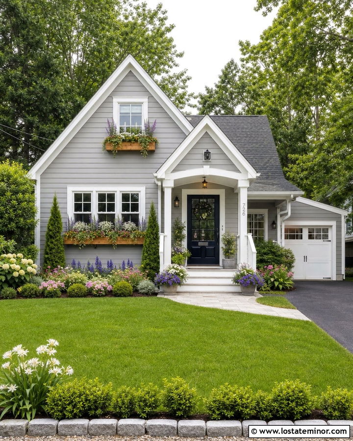 Dove Grey House With Mixed Flower Window Boxes - 30 Dove Grey House Design With Window Boxes Ideas