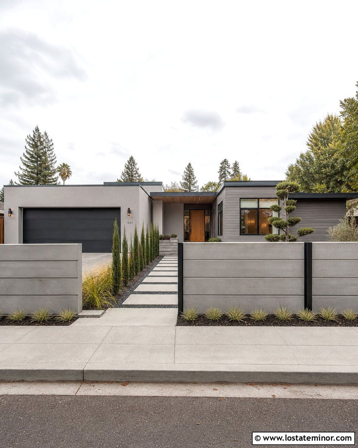 Dove Grey House With Modern Concrete Fence - 30 Dove Grey House Design With Fence Ideas