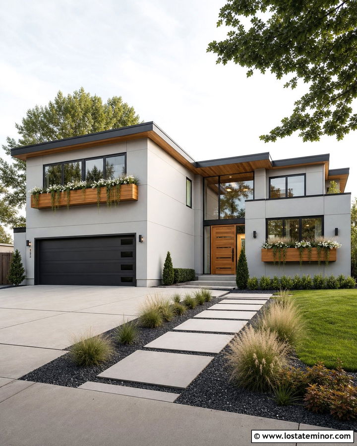 Dove Grey House With Modern Wood Window Boxes - 30 Dove Grey House Design With Window Boxes Ideas
