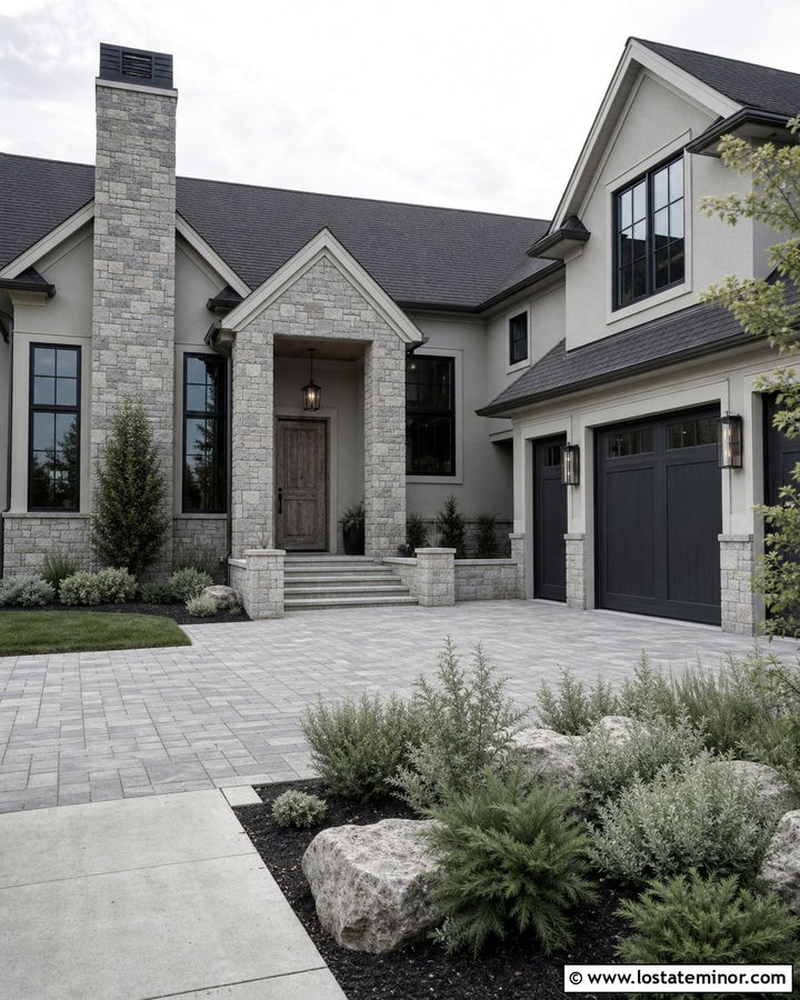 Dove Grey House With Monochromatic Stone Exterior - 30 Dove Grey House Design With Stone Accents Ideas