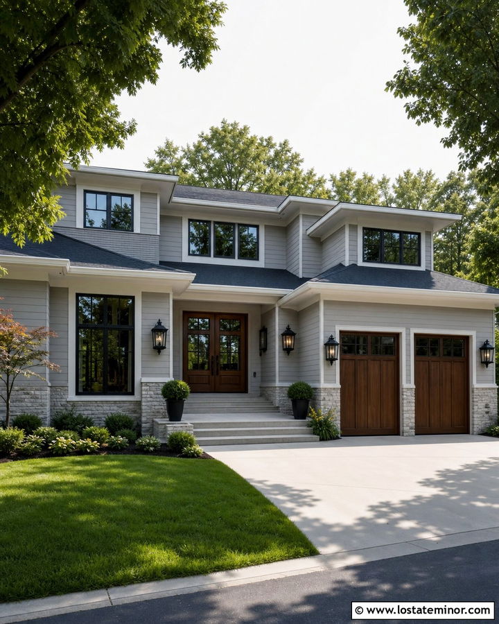 Dove Grey House With Natural Wood Double Doors - 30 Dove Grey House Design With Dormers Ideas