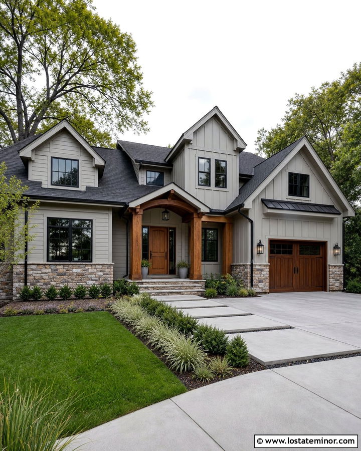 Dove Grey House With Natural Wood Front Door - 30 Dove Grey House Design With Shingles Ideas
