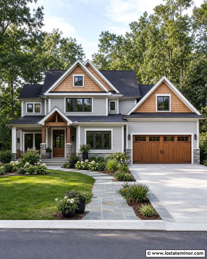 Dove Grey House With Natural Wood Gables - 30 Dove Grey House Design With Gables Ideas