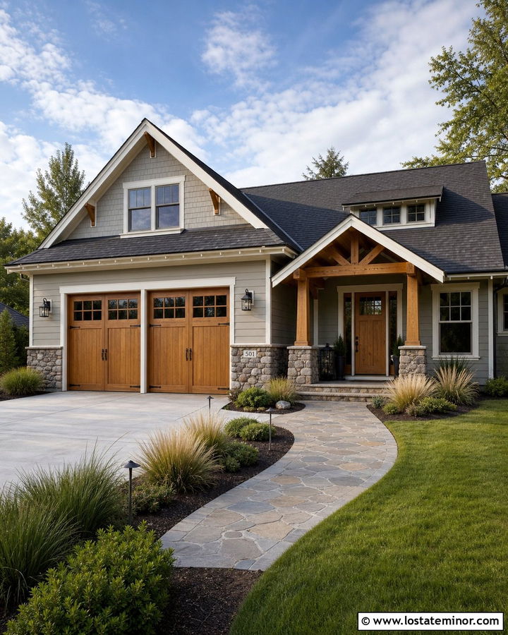 Dove Grey House With Natural Wood Garage Door - 30 Dove Grey House Design With Garage Door Ideas
