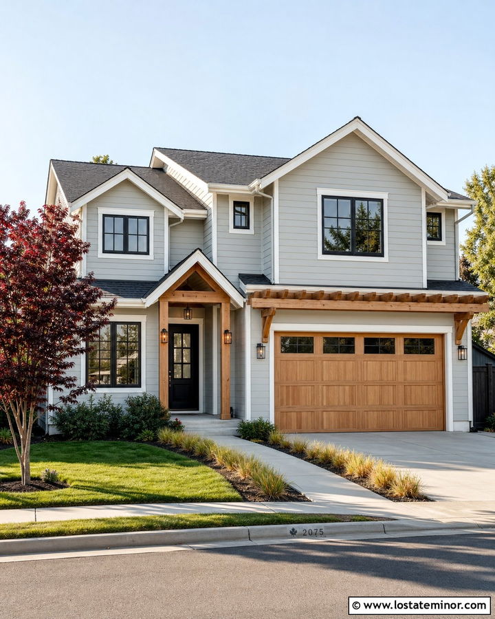 Dove Grey House With Natural Wood Garage Pergola - 30 Dove Grey House Design With Pergola Ideas