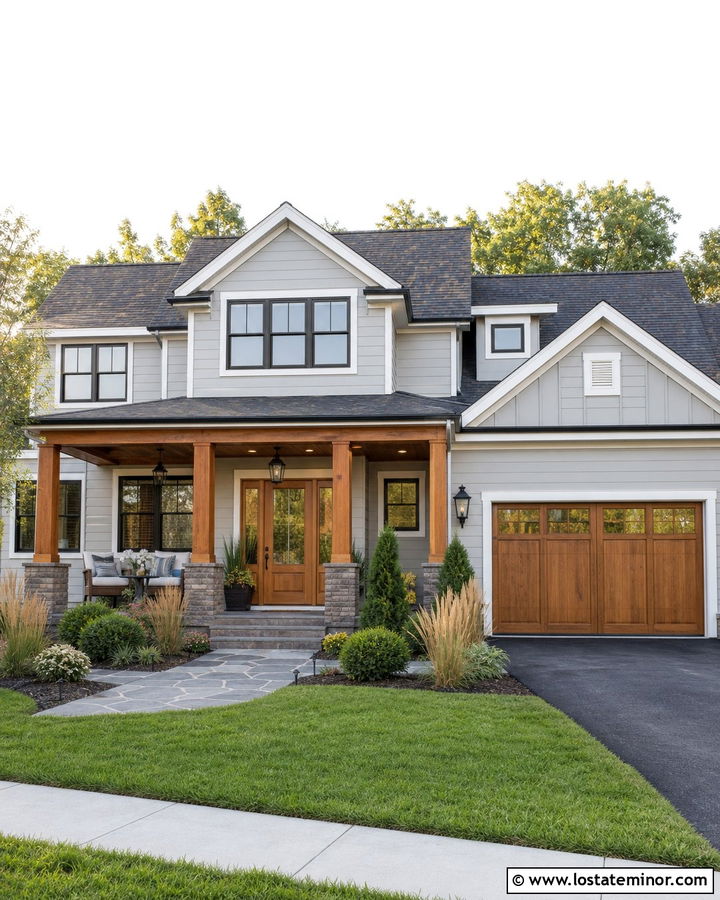 Dove Grey House With Natural Wood Porch - 30 Dove Grey House Design With Front Porch Ideas