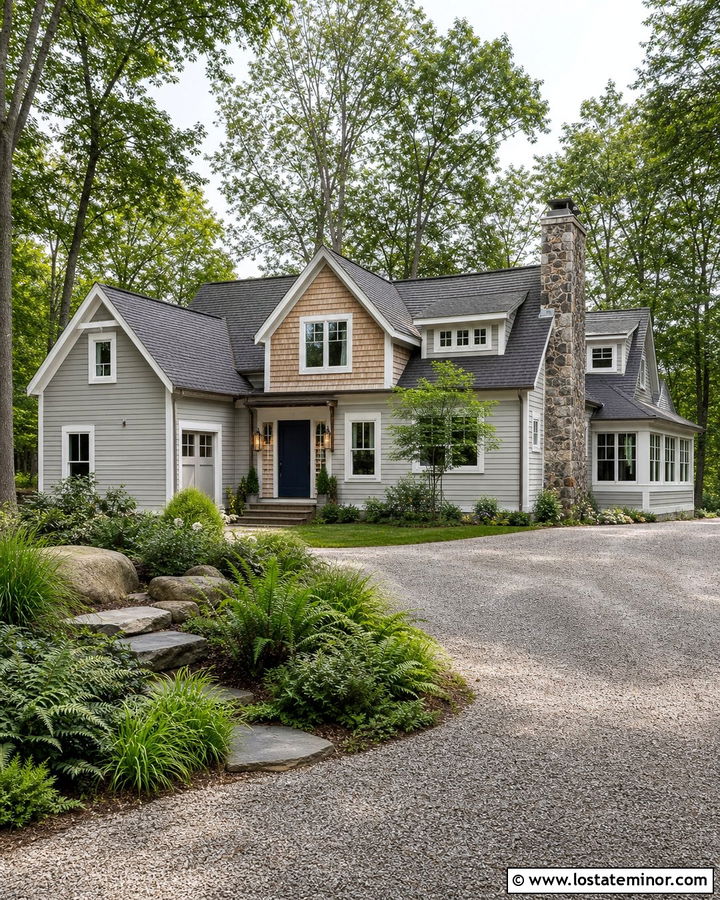 Dove Grey House With Natural Wood Shingles - 30 Dove Grey House Design With Shingles Ideas