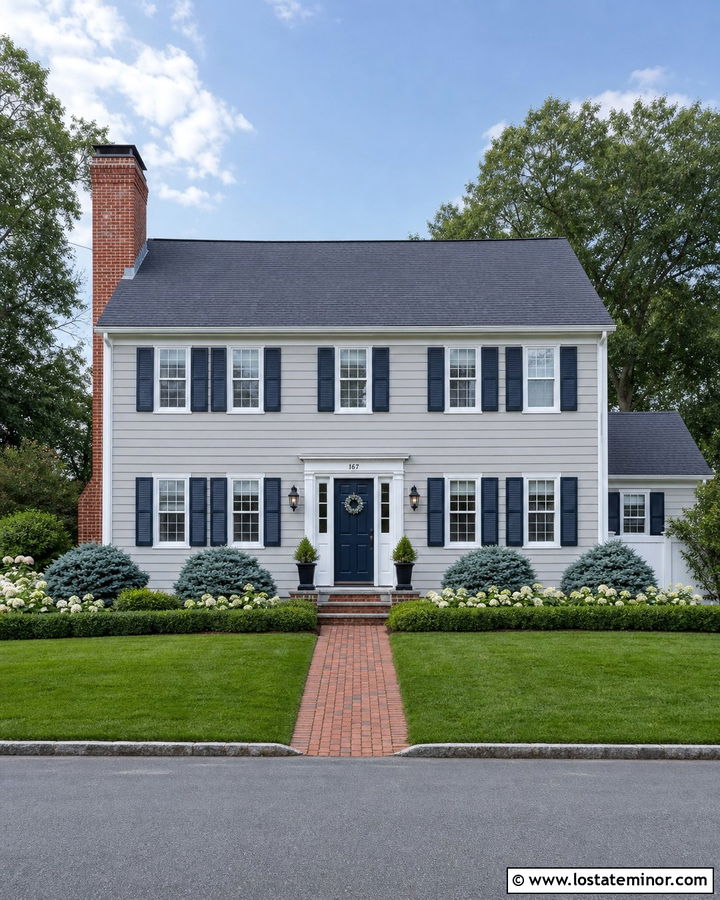 Dove Grey House With Navy Door And Brick Chimney - 30 Dove Grey House Design With Chimney Ideas