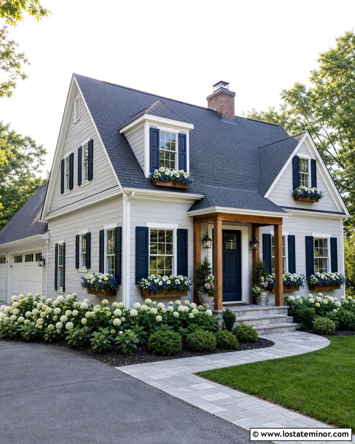 Dove Grey House With Navy Door And Cedar Window Boxes - 30 Dove Grey House Design With Window Boxes Ideas