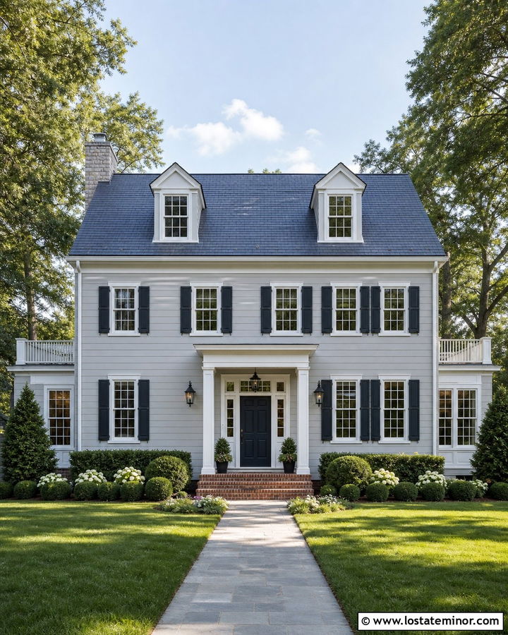 Dove Grey House With Navy Door And Slate Roof - 30 Dove Grey House Design With Roof Ideas