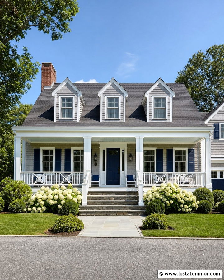 Dove Grey House With Navy Door Porch - 30 Dove Grey House Design With Front Porch Ideas