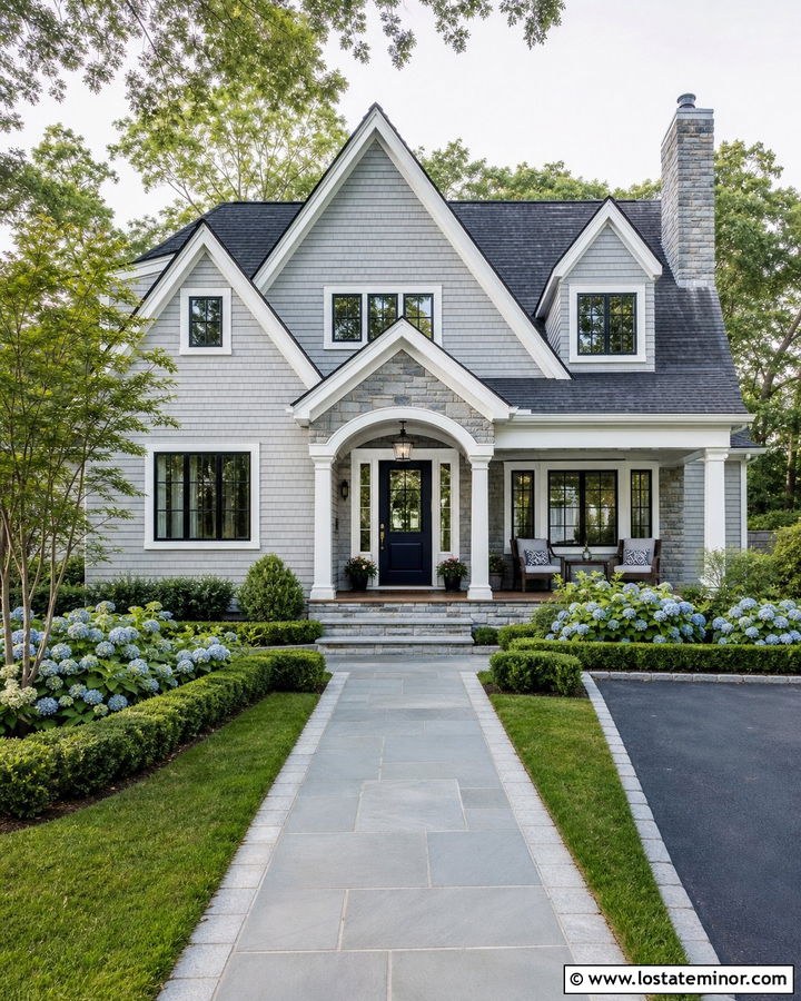 Dove Grey House With Navy Front Door And Stone - 30 Dove Grey House Design With Stone Accents Ideas