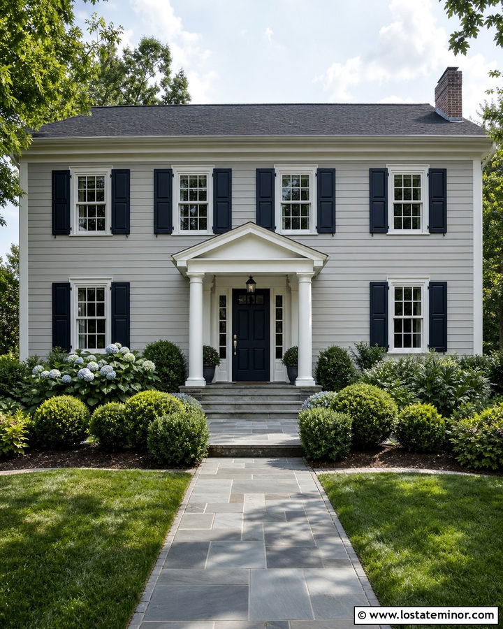 Dove Grey House With Navy Front Door Portico - 30 Dove Grey House Design With Portico Ideas